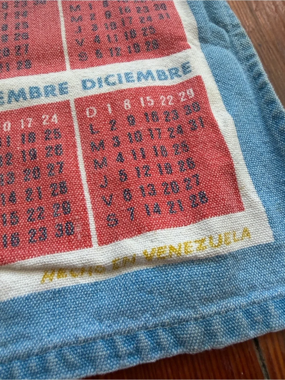 Vintage 1974 Blue Calendar Tea Towel - Colorful Folk Art Design